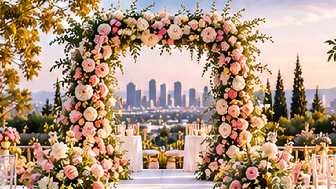 Romantic outdoor wedding floral arch overlooking Los Angeles